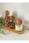 Bade Home 3'lü Ahşap Top Mantar Kapaklı Cam Kavanoz Seti Şekerlık Çerezlik Ve Baharatlık Ve Saklama Kabı thumbnail 2