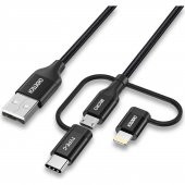 Choetech 3in1 Lightning + USB-C + Micro USB Hızlı Şarj ve Data Kablosu - Apple MFI Lisanslı - IP0030 - Siyah - 1