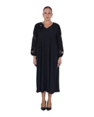 Büyük Beden Çiçek Motifli Tül Detaylı Kapri Kol V Yaka Uzun Kadın Elbise thumbnail 1