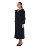 Büyük Beden Çiçek Motifli Tül Detaylı Kapri Kol V Yaka Uzun Kadın Elbise thumbnail 2