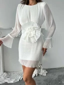 Uzun Kollu, Yuvarlak Yakalı Pileli Mini Elbise thumbnail 6