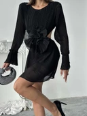 Uzun Kollu, Yuvarlak Yakalı Pileli Mini Elbise thumbnail 12