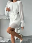 Uzun Kollu, Yuvarlak Yakalı Pileli Mini Elbise thumbnail 7