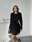 Uzun Kollu, Yuvarlak Yakalı Pileli Mini Elbise thumbnail 9