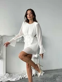 Uzun Kollu, Yuvarlak Yakalı Pileli Mini Elbise thumbnail 2