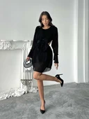 Uzun Kollu, Yuvarlak Yakalı Pileli Mini Elbise thumbnail 10