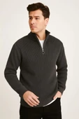 MDB Erkek Yarım Fermuarlı Triko Kazak – elanik Örgü, Dik Yaka, Pamuklu Dokuma, Regular Fit Uzun Kollu Kışlık odel  Füme thumbnail 1