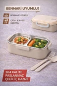 Bej Benmarili Paslanmaz Çelik Yemek Kabı 2 Bölmeli Beslenme Kabı Saklama Kabı Lunch Box thumbnail 1