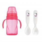 Mamajoo Kulplu Eğitici Bardak 270 ml & İnek Desenli Kaşık Çatal Seti / Pembe - 1