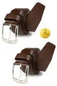 2 Adet Hakiki Deri Erkek Kemer Kahverengi 4,5 cm Kot Uyumlu thumbnail 1