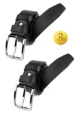 2 Adet Hakiki Deri Erkek Kemer 4 cm Siyah Keten ve Kot Uyumlu thumbnail 1