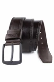 2 Adet Hakiki Deri Erkek Kemer 4,5 cm Dikiş Desenli Siyah-Kahverengi thumbnail 3