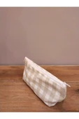 Elbasan Tekstil Kahve Pötikareli Yıkanabilir Fermuarlı Tek Göz Bez Kalemlik Makyaj Çantası thumbnail 1