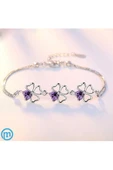 925 Ayar Gümüş Yonca Figürlü Kalpli Mor Taşlı Kadın Bileklik Sevgililer Günü Sevgiliye Hediyelik thumbnail 3