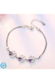 925 Ayar Gümüş Yonca Figürlü Kalpli Mor Taşlı Kadın Bileklik Sevgililer Günü Sevgiliye Hediyelik thumbnail 2