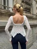 Kare yakalı Büzgülü Dantel Asimetrik Kloş Etek Ucuyla. Bluz, thumbnail 6