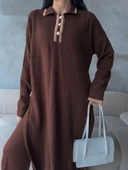 Pantolon yırtmaçlı elbise ikili triko takım kahve elf thumbnail 4