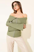 Omzu Açık Fermuarlı Bluz haki T4330 thumbnail 2
