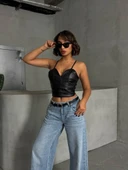 İp askılı yandan fermuarlı rastale deri crop siyah thumbnail 3