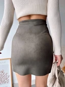 Çift yurtmaçlı süet etek haki thumbnail 3