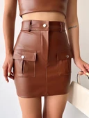 Önden iki cepli deri etek kahve h240040 thumbnail 4