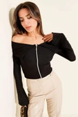 Omzu Açık Fermuarlı Bluz siyah T4330 thumbnail 8