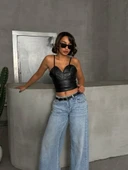 İp askılı yandan fermuarlı rastale deri crop siyah thumbnail 2