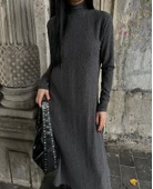 Boğazlı kalın bürümcük uzun elbise siyah thumbnail 2