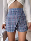 Kapaklı tüvit şort etek mavi thumbnail 1