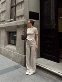 Düğme yakalı bej alt üst takım s3943 thumbnail 2