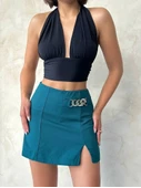 Zincirli şort etek petrol yeşili s24676 thumbnail 1