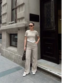 Düğme yakalı bej alt üst takım s3943 thumbnail 4