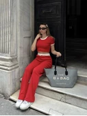 Crop pantolon biyeli takım kırmızı thumbnail 4