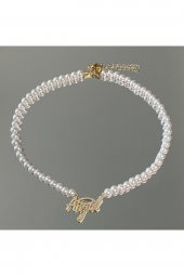 Taşlı Slogan Angel Inci Choker Kolye - 1