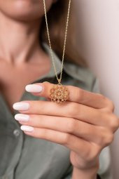 925 Gümüş Radyumlu Altın Kaplama Yaşam Çiçeği Gümüş Zincirli Kadın Kolye - 4