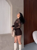 V Yaka Toka Detaylı Mini Elbise thumbnail 4