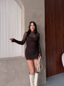 V Yaka Toka Detaylı Mini Elbise thumbnail 8