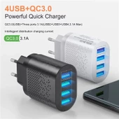 Zuidid Hızlı Şarj Qc 3.0 4 USB Portlu 3.1A - 48W Çoklu Şarj Cihazı + Type C Kablo - 4