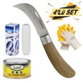 Kudret Aşı Bıçağı Eğri Uçlu Bağ Bıçağı Ara Çakı 21 cm + Aşı Bandı + Aşı Macunu + Eldiven (4'LÜ SET) - 1