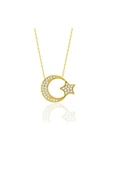 Ay Yıldız Motifli Çift Sıra Taşlı 14 Ayar Altın Kolye thumbnail 1