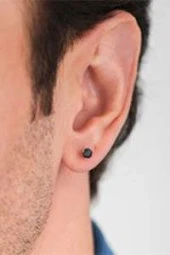 Siyah Taşlı Erkek Çelik Küpe - 12