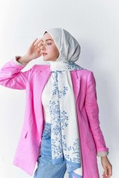 İnci Serisi Papaver Desenli Mavi Medine İpeği Şal thumbnail 2