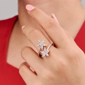 Rose Kaplama Beyaz Zirkon Taşlı Çiçek Motif Gümüş Bayan Yüzük - 1