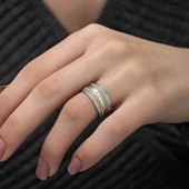 Yeni Tasarım Taşlı 925 Gümüş Bayan Tek Alyans Yüzük - 1