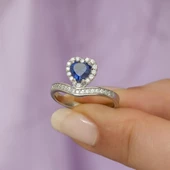 Kalp Motifli Mavi Zirkon Taşlı Tektaş Gümüş Bayan Yüzük thumbnail 9