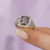 Ametist Zirkon Taşlı Motifli Tektaş Gümüş Bayan Baget Yüzük thumbnail 11