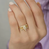 Altın Kaplama Zirkon Taşlı Kraliçe Taç Motifli Tektaş Gümüş Bayan Yüzük thumbnail 4