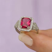 Kırmızı Zirkon Taşlı Motifli Tektaş Gümüş Bayan Baget Yüzük thumbnail 11