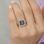 Ametist Zirkon Taşlı Motifli Tektaş Gümüş Bayan Baget Yüzük thumbnail 4