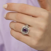 Ametist Zirkon Taşlı Motifli Tektaş Gümüş Bayan Baget Yüzük thumbnail 9